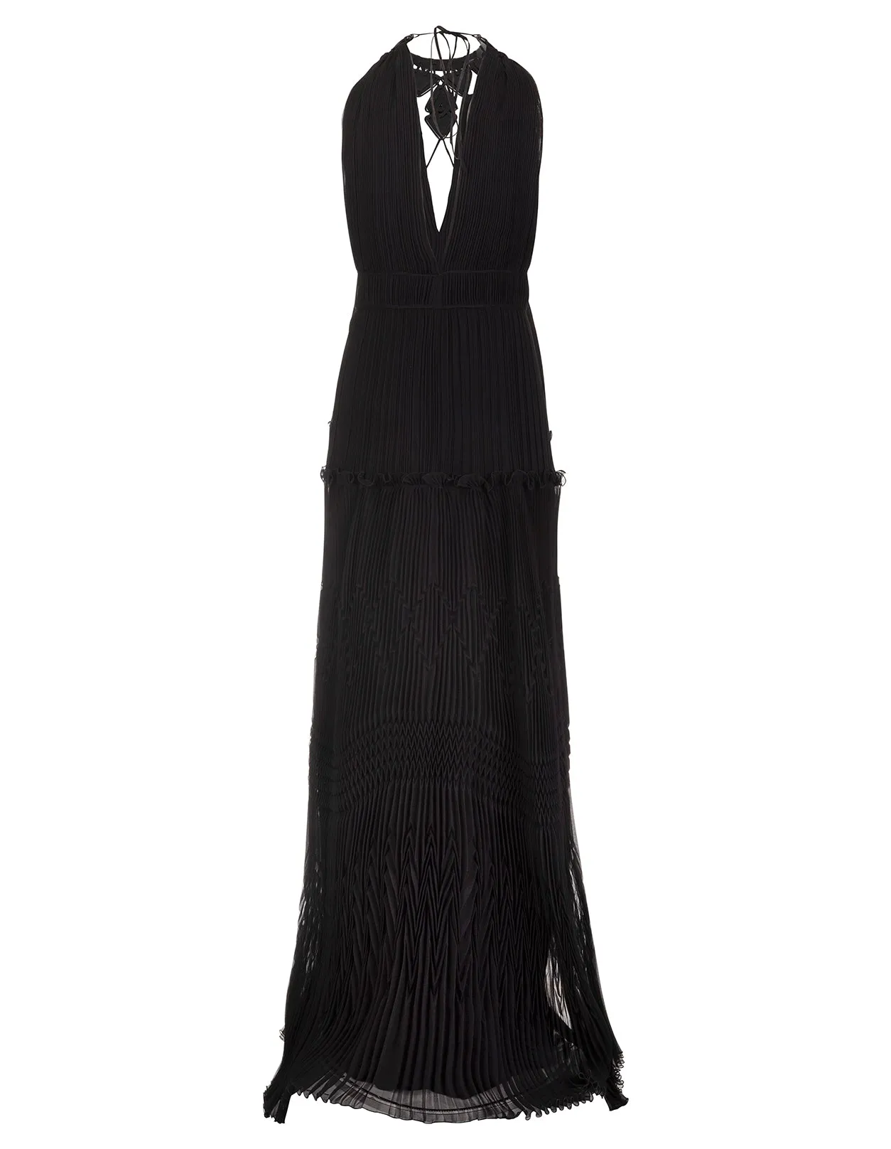 Alberta Ferretti Plisse Embellished V-Neck Long Dress