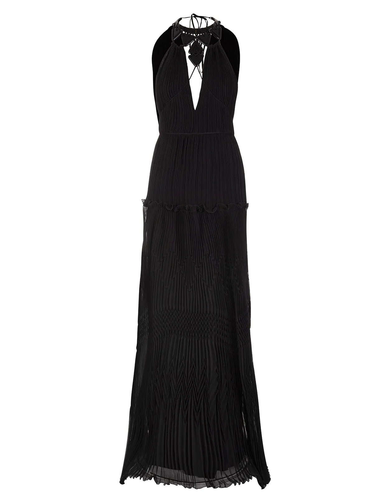 Alberta Ferretti Plisse Embellished V-Neck Long Dress