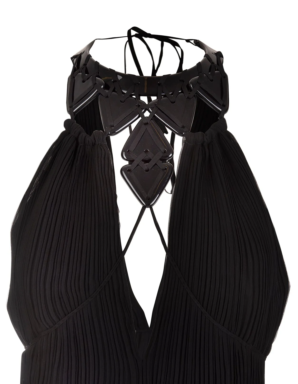 Alberta Ferretti Plisse Embellished V-Neck Long Dress