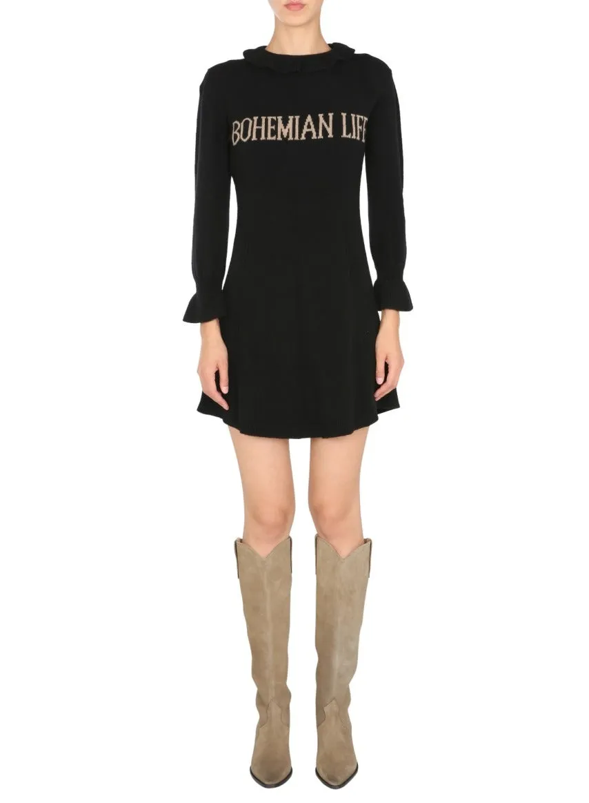 Alberta Ferretti Ruffled Neck Mini Flared Dress
