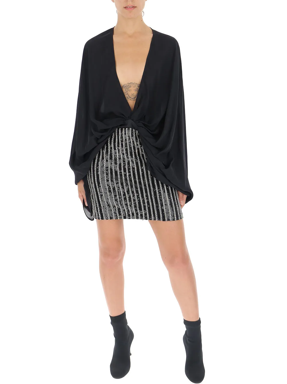 Amen Stud Embellished Ruched V-Neck Mini Dress