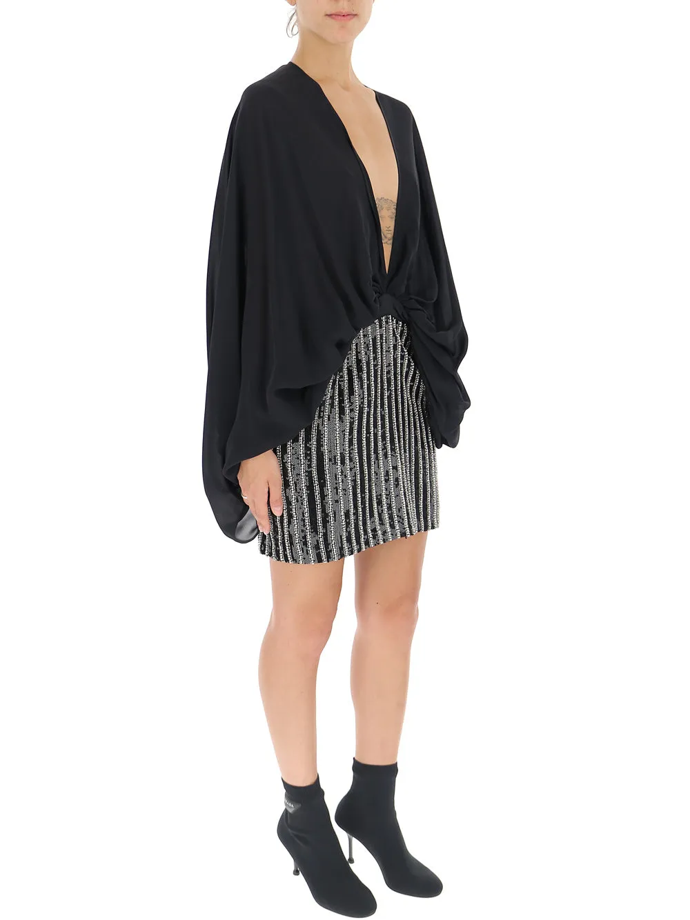 Amen Stud Embellished Ruched V-Neck Mini Dress