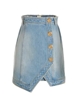 Balmain Button Detailed Asymmetric Denim Mini Skirt