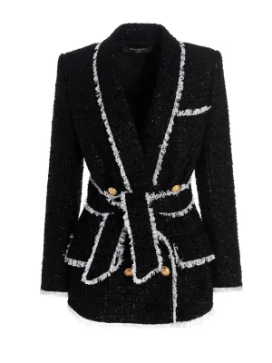 Balmain Frayed Tweed Belted Jacket