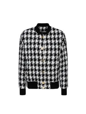 Balmain Mock Neck Houndstooth Tweed Bomber Jacket