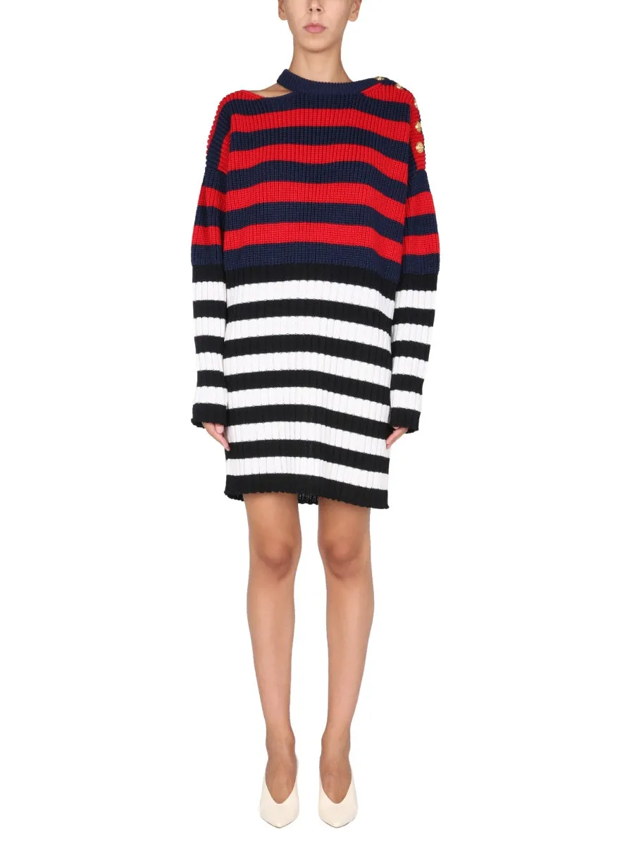 Balmain Striped Ribbed Asymmetric Mini Dress