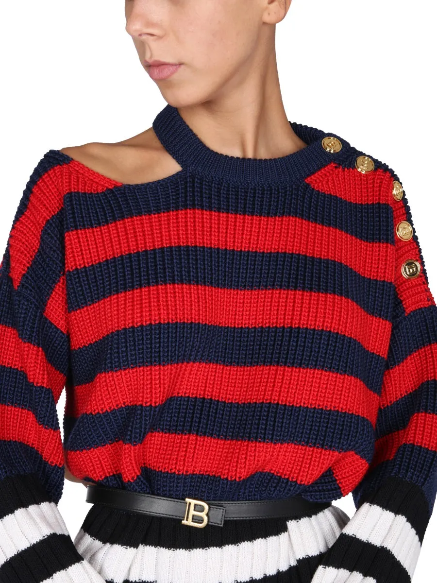 Balmain Striped Ribbed Asymmetric Mini Dress