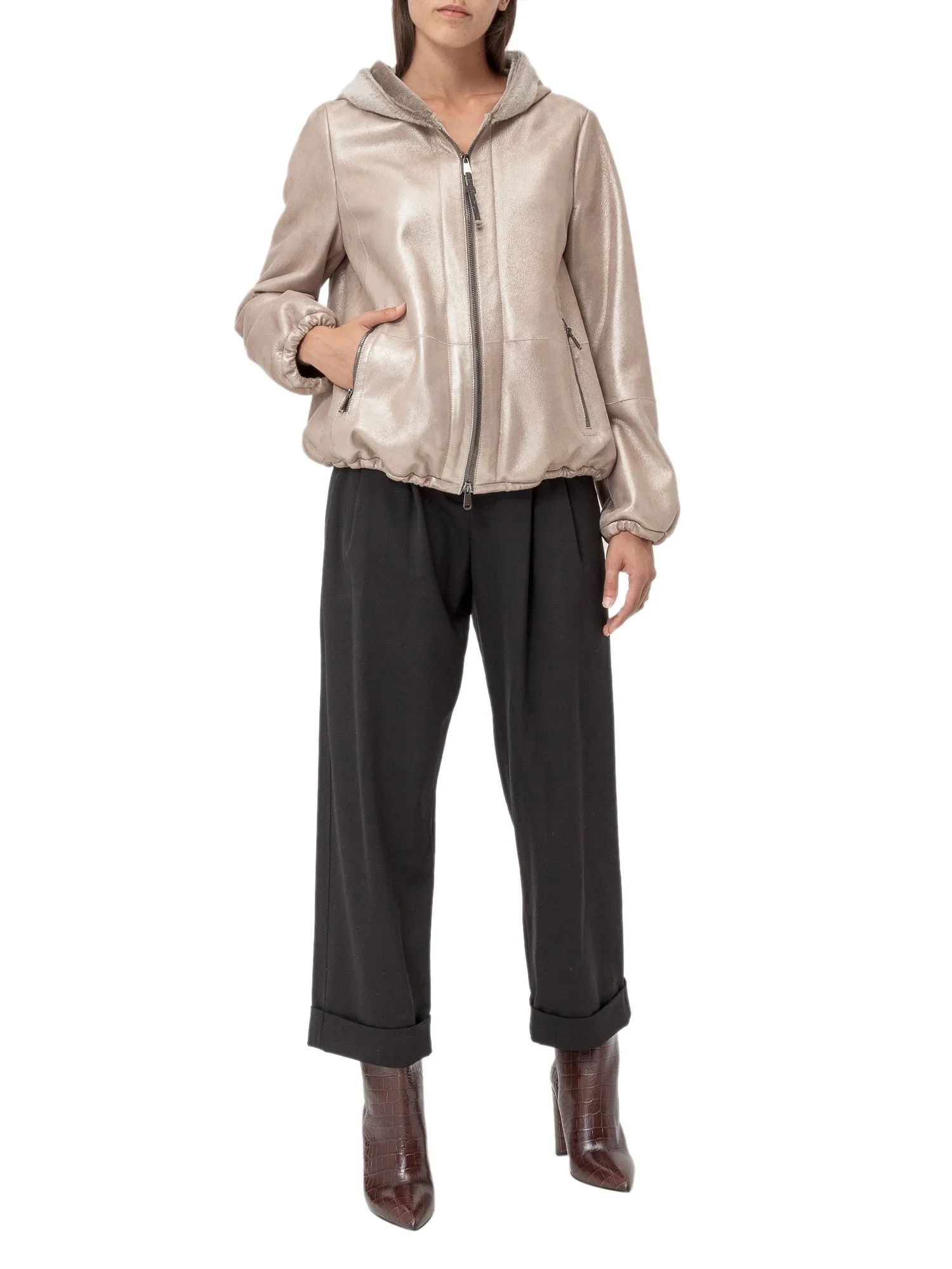 Brunello Cucinelli Zip-Up Hooded Leather Jacket