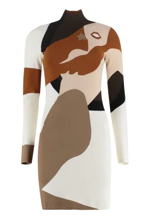 Fendi Pattern Intarsia Funnel Neck Knitted Dress