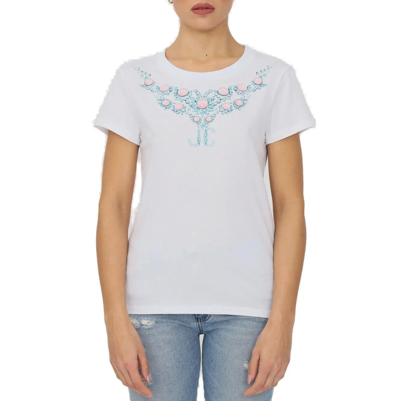 Just Cavalli Graphic Print Crystal Embellished Logo T-Shirt