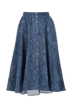 Koch Lace Embellished Denim Midi Skirt