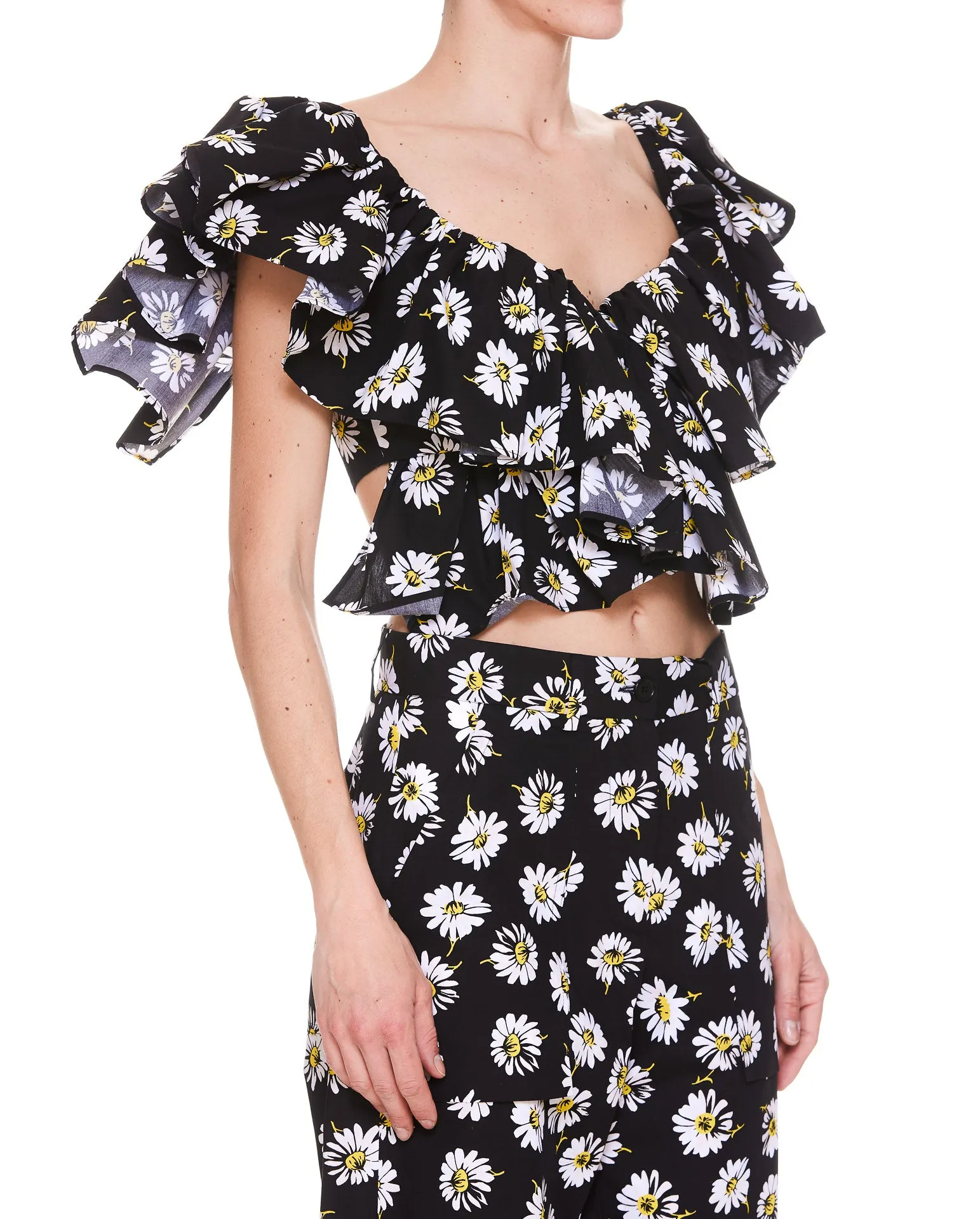 MSGM Floral Print Puff-Sleeves Cropped Top