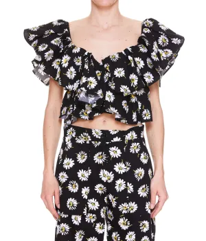 MSGM Floral Print Puff-Sleeves Cropped Top