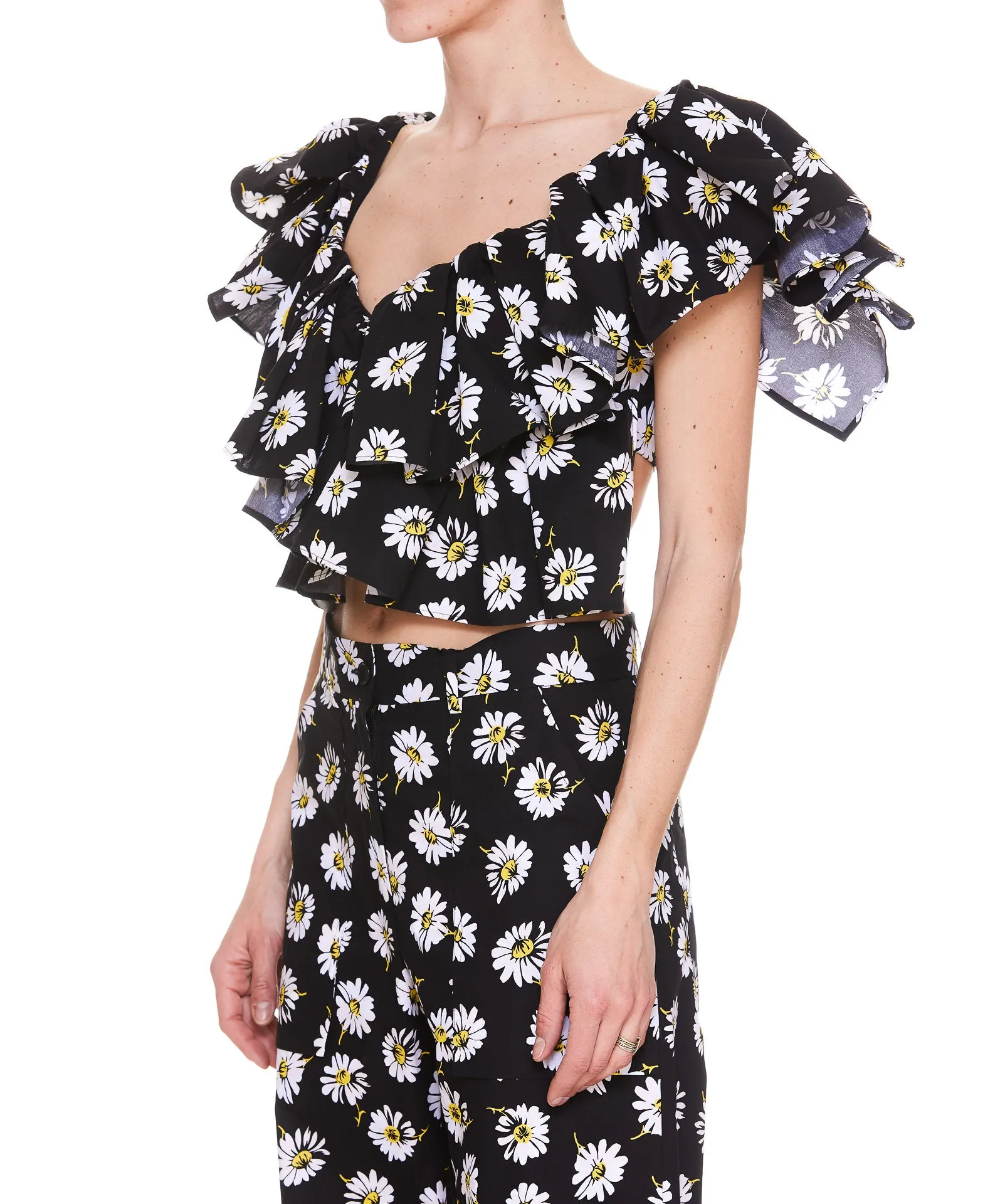MSGM Floral Print Puff-Sleeves Cropped Top