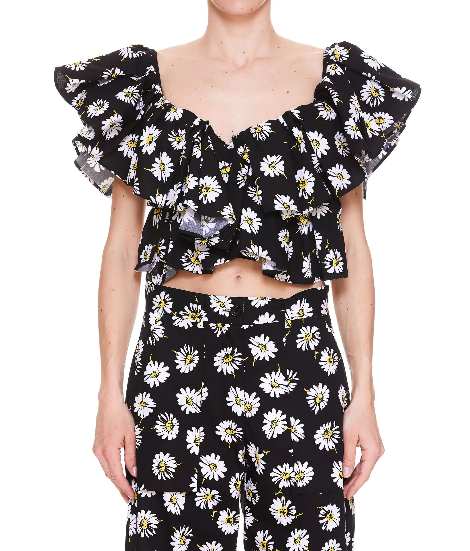 MSGM Floral Print Puff-Sleeves Cropped Top