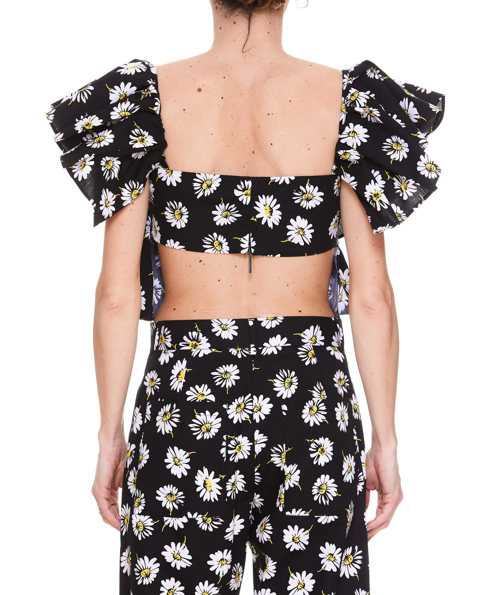 MSGM Floral Print Puff-Sleeves Cropped Top