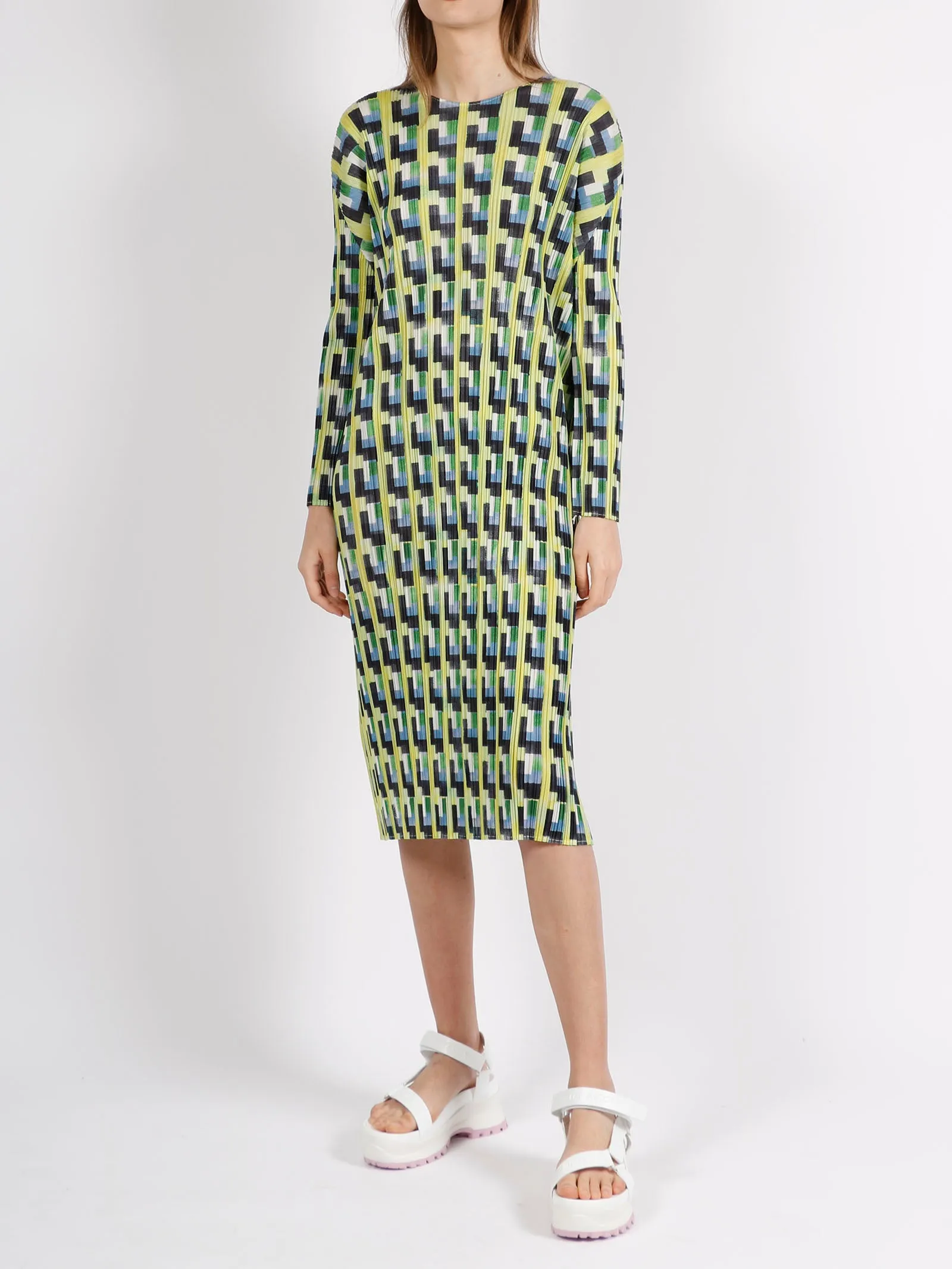 Pleats Please By Issey Miyake Geometric-Printed Crewneck Midi Dress