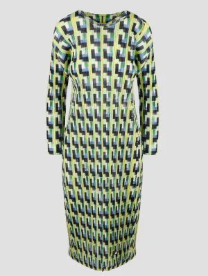 Pleats Please By Issey Miyake Geometric-Printed Crewneck Midi Dress