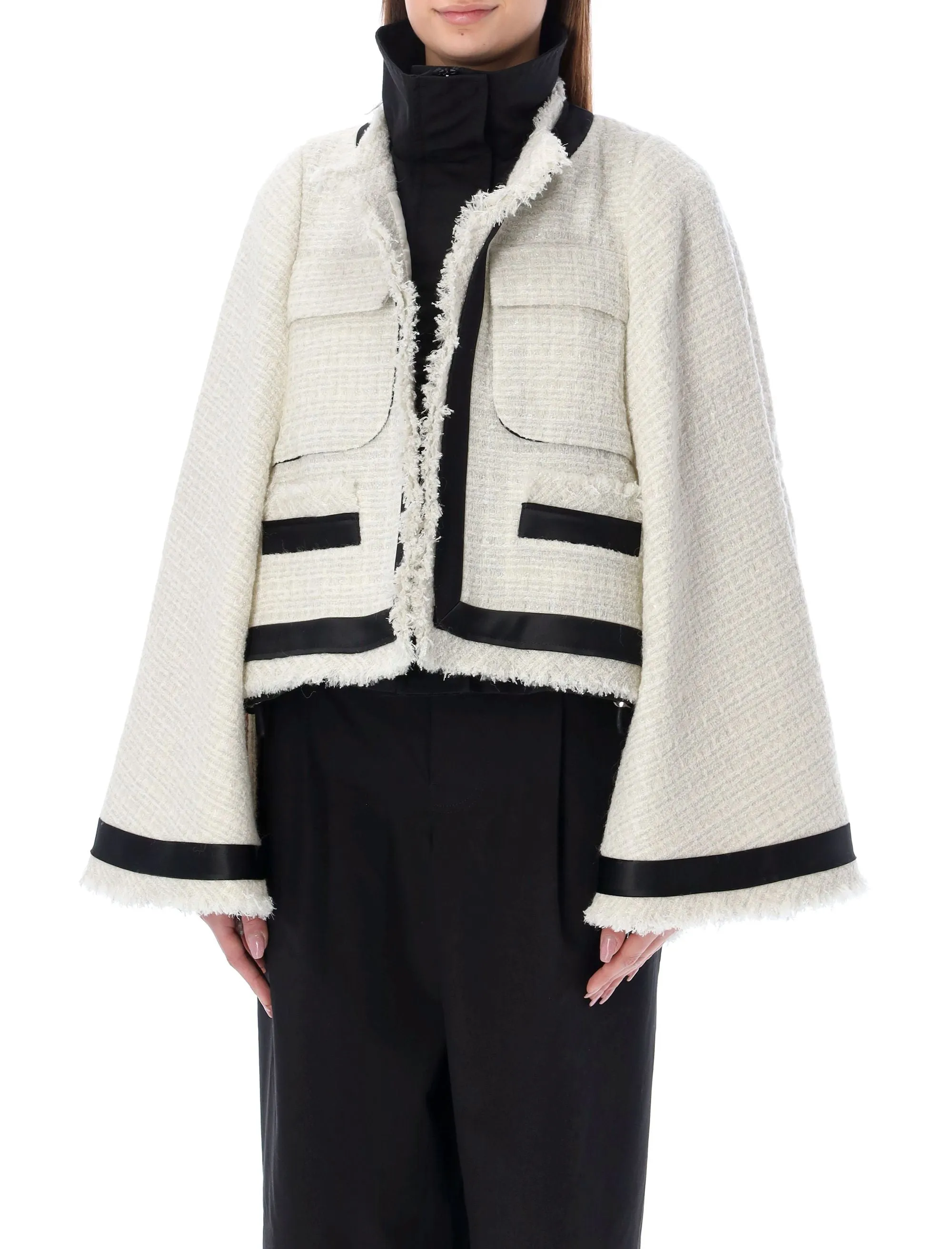 Sacai Frayed Edge Flared Tweed Jacket